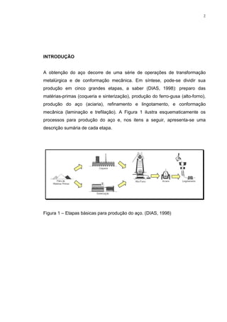 2




,1752'8d­2


A obtenção do aço decorre de uma série de operações de transformação
metalúrgica e de conformação mecânica. Em síntese, pode-se dividir sua
produção em cinco grandes etapas, a saber (DIAS, 1998): preparo das
matérias-primas (coqueria e sinterização), produção do ferro-gusa (alto-forno),
produção do aço (aciaria), refinamento e lingotamento, e conformação
mecânica (laminação e trefilação). A Figura 1 ilustra esquematicamente os
processos para produção do aço e, nos itens a seguir, apresenta-se uma
descrição sumária de cada etapa.




Figura 1 – Etapas básicas para produção do aço. (DIAS, 1998)
 