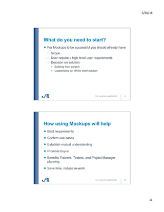 5/30/16	
11	
What do you need to start?
21
!   For Mockups to be successful you should already have
o  Scope
o  User request / high level user requirements
o  Decision on solution
!   Building from scratch
!   Customizing an off the shelf solution
How using Mockups will help
22
!   Elicit requirements
!   Confirm use cases
!   Establish mutual understanding
!   Promote buy-in
!   Benefits Trainers, Testers, and Project Manager
planning
!   Save time, reduce re-work
 