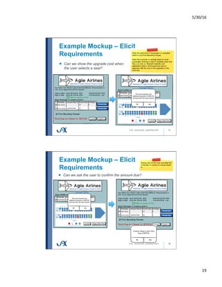 5/30/16	
19	
Example Mockup – Elicit
Requirements
37
!   Can we show the upgrade cost when
the user selects a seat?
Example Mockup – Elicit
Requirements
38
!   Can we ask the user to confirm the amount due?
 