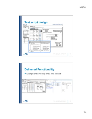 5/30/16	
26	
Test script design
51
Delivered Functionality
52
!   Example of the mockup and a final product
 