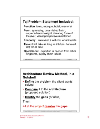 Taj Problem Statement Included:
Function: tomb, mosque, hotel, memorial
Form: symmetry, untarnished finish,
unprecedented weight, shearing force of
the river, visual perspective maintained
Economy: irrelevant, it will cost what it costs
Time: it will take as long as it takes, but must
last for all time
Operational: expertise is needed from other
kingdoms, supply chain issues
Better Software East

Contextually Driven Architecture Reviews – Dedolph

11/14/2013

11

Architecture Review Method, in a
Nutshell
•  Define the problem the client wants
solved
•  Compare it to the architecture
(proposed solution)
•  Identify the gaps (or risks)
Then:
Ø Let the project resolve the gaps
Better Software East

Contextually Driven Architecture Reviews – Dedolph

Contextually Driven Architecture Reviews
Dedolph – 10/18/2010

11/14/2013

12

6

 