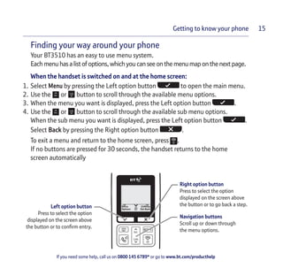 If you need some help, call us on 0800 145 6789* or go to www.bt.com/producthelp
Getting to know your phone 15
Finding your way around your phone
Your BT3510 has an easy to use menu system.
Eachmenuhasalistofoptions, which you can see on themenumaponthenextpage.
When the handset is switched on and at the home screen:
1. Select Menu by pressing the Left option button to open the main menu.
2. Use the or button to scroll through the available menu options.
3. When the menu you want is displayed, press the Left option button .
4. Use the or button to scroll through the available sub menu options.
When the sub menu you want is displayed, press the Left option button .
Select Back by pressing the Right option button .
To exit a menu and return to the home screen, press .
If no buttons are pressed for 30 seconds, the handset returns to the home
screen automatically
Left option button
Press to select the option
displayed on the screen above
the button or to confirm entry.
Right option button
Press to select the option
displayed on the screen above
the button or to go back a step.
Navigation buttons
Scroll up or down through
the menu options.
 