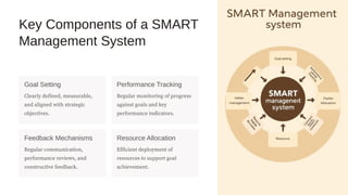 Key Components of a SMART
Management System
Goal Setting
Clearly defined, measurable,
and aligned with strategic
objectives.
Performance Tracking
Regular monitoring of progress
against goals and key
performance indicators.
Feedback Mechanisms
Regular communication,
performance reviews, and
constructive feedback.
Resource Allocation
Efficient deployment of
resources to support goal
achievement.
 