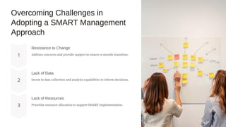 Overcoming Challenges in
Adopting a SMART Management
Approach
Resistance to Change
Address concerns and provide support to ensure a smooth transition.
Lack of Data
Invest in data collection and analysis capabilities to inform decisions.
Lack of Resources
Prioritize resource allocation to support SMART implementation.
 