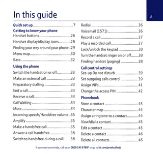 If you need some help, call us on 0800 145 6789* or go to bt.com/producthelp
33 In this guide
Quick set up......................................7
Getting to know your phone
Handset buttons..............................26
Handset display/display icons...........28
Finding your way around your phone..29
Menu map.......................................30
Base................................................32
Using the phone
Switch the handset on or off.............33
Make an external call .......................33
Preparatory dialling .........................33
End a call.........................................33
Receive a call...................................33
Call Waiting .....................................34
Mute...............................................34
Incoming speech/Handsfree volume..35
Amplify...........................................35
Make a handsfree call.......................35
Answer a call handsfree....................36
Switch to handsfree during a call ......36
Redial .............................................36
Voicemail (1571) .............................36
Record a call....................................37
Play a recorded call..........................37
Lock/unlock the keypad ...................38
Turn the handset ringer on or off.......38
Finding handset (paging) .................38
Call control settings
Set-up Do not disturb ......................39
Set outgoing calls control.................39
Assign VIPs......................................41
Change the access PIN .....................42
Phonebook
Store a contact ................................43
Character map .................................44
Assign a ringtone to a contact...........44
View/dial a contact..........................45
Edit a contact ..................................45
Delete a contact ..............................46
Delete all contacts ...........................46
 