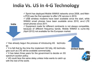 India
United State
 Has already begun the process of introducing 4G technolo-
gy.
 It is felt that by the time the implement 3G fully, 4G technolo-
gies such as LTE will be available commercially.
 It has taken three years for the government to decide on 3G
spectrum auction policy.
 4G could face the same delay unless India wants to catch up
with the rest of the world.
 Sprint has deployed Mobile WiMAX networks since 2008, and Metr-
o PCS was the first operator to offer LTE service in 2010.
 USB wireless modems have been available since the start, while
WiMAX smart phones have been available since 2010, an-d LTE
smart phones since 2011.
 Equipment made for different continents is not always compatible,
because of different frequency bands. Mobile WiMAX is curre-ntly
(April 2012) not available for the European market.
 