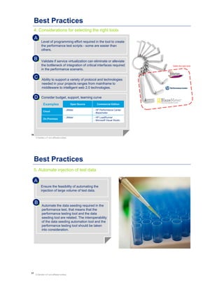 16
Best Practices
4. Considerations for selecting the right tools
Level of programming effort required in the tool to create
the performance test scripts - some are easier than
others.
A
Validate if service virtualization can eliminate or alleviate
the bottleneck of integration of critical interfaces required
in the performance scenario.
B
Ability to support a variety of protocol and technologies
needed in your projects ranges from mainframe to
middleware to intelligent web 2.0 technologies.
C
Consider budget, support, learning curveD
Select the right tools
Examples Open Source Commercial Edition
Cloud
- JMeter - HP Performance Center
- Blazemeter
On-Premises
- JMeter - HP LoadRunner
- Microsoft Visual Studio
© Deloitte LLP and affiliated entities.
17
Best Practices
5. Automate injection of test data
Ensure the feasibility of automating the
injection of large volume of test data.
A
Automate the data seeding required in the
performance test, that means that the
performance testing tool and the data
seeding tool are related. The interoperability
of the data seeding automation tool and the
performance testing tool should be taken
into consideration.
B
© Deloitte LLP and affiliated entities.
 