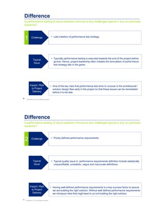 6
Is performance testing of cloud solutions immune to key challenges typical in any on-premises
solutions?
Difference
• Late initiation of performance test strategy.
Typical
Issue
Impact / Risk
to Project
Delivery
• One of the key risks that performance test aims to uncover is the architectural /
solution design flaw early in the project so that these issues can be remediated
before it is too late.
• Typically performance testing is executed towards the end of the project before
go-live. Hence, project leadership often initiates the formulation of performance
test strategy late in the game.
Challenge
1
© Deloitte LLP and affiliated entities.
7
Is performance testing of cloud solutions immune to key challenges typical in any on-premises
solutions?
Difference
• Poorly defined performance requirements.
• Typical quality issue in performance requirements definition include statistically
unquantifiable, unrealistic, vague and inaccurate definitions.
• Having well-defined performance requirements is a key success factor to assure
we are building the right solution. Without well defined performance requirements
we introduce risks that might lead to us not building the right solution.
Typical
Issue
Impact / Risk
to Project
Delivery
Challenge
2
© Deloitte LLP and affiliated entities.
 