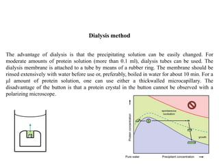 Dialysis method
The advantage of dialysis is that the precipitating solution can be easily changed. For
moderate amounts of protein solution (more than 0.1 ml), dialysis tubes can be used. The
dialysis membrane is attached to a tube by means of a rubber ring. The membrane should be
rinsed extensively with water before use or, preferably, boiled in water for about 10 min. For a
μl amount of protein solution, one can use either a thickwalled microcapillary. The
disadvantage of the button is that a protein crystal in the button cannot be observed with a
polarizing microscope.
 
