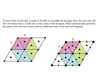 A closer look reveals that in order to be able to assemble the hexagon from the new unit cell
tiles we need at leas a 3-fold axis in the center of the hexagon, which automatically generates
the triads in the unit cell corners and two additional ones on the unit cell diagonal.
 