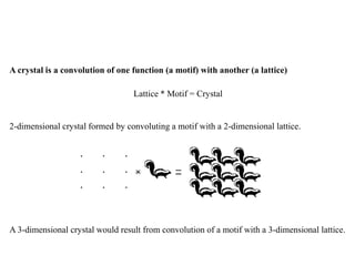 A crystal is a convolution of one function (a motif) with another (a lattice)
Lattice * Motif = Crystal
2-dimensional crystal formed by convoluting a motif with a 2-dimensional lattice.
A 3-dimensional crystal would result from convolution of a motif with a 3-dimensional lattice.
 