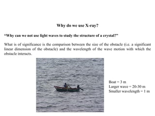 Why do we use X-ray?
What is of significance is the comparison between the size of the obstacle (i.e. a significant
linear dimension of the obstacle) and the wavelength of the wave motion with which the
obstacle interacts.
Boat = 3 m
Larger wave = 20-30 m
Smaller wavelength = 1 m
“Why can we not use light waves to study the structure of a crystal?”
 