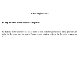 So why have two motors connected together?
So that one motor can force the other motor to turn and change the motor into a generator. In
cells, the F0 motor uses the power from a proton gradient to force the F1 motor to generate
ATP.
Motor to generator
 