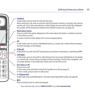 If you need some help, call us on 0800 145 6789* or go to bt.com/producthelp
Getting to know your phone 16
Call Block
In idle mode, press to enter the Call Control menu.
When receiving a call, press to send the call to the answer machine, or during a call, press to
end the call. If you have subscribed to a Caller Display Service and the Caller ID is displayed,
the number will be blocked and added to the blocked numbers list, see page 30.
Right option button
Press to conﬁrm the option displayed on the screen above the button, to delete or go back
to the previous screen.
In answer machine mode, deletes the current message playing.
OK
In idle mode, press to access a highlighted event e.g. missed calls, answer phone messages
and text messages on the display.
R (Recall)
R (Recall) for use with some BT Calling Features and when connected to a switchboard/PBX.
Left/Right
In idle mode, press to move left or right between the new events highlighted on the display
e.g. missed calls, answer phone messages and text messages. During menu navigation, use
to change settings. In text edit/entry mode, press to move the cursor.
End call/on or off
Press to end a call.
In idle mode, press and hold to switch the handset on or off, see page 22.
In menu mode, press to return to idle screen.
2-9 (Speed dial)
In idle mode, press and hold buttons 2-9 to dial a stored speed dial number, see page 38.
Press and hold to lock or unlock the keypad.
 
