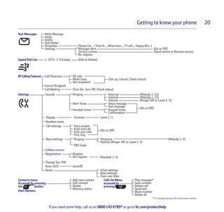 Getting to know your phone 20
If you need some help, call us on 0800 145 6789* or go to bt.com/producthelp
Text Messages Write Message
Inbox
Drafts
Sent folder
Templates
Settings
Please Cal.., I’ll be th.., What time.., I’ll call.., Happy Birt..)
Message alert
Service centres
Re-register
(On or Off)
(Send centre or Receive centre)
Speed Dial List 1. 1571 2-9 Empty (Edit or Delete)
BTCallingFeatures Call Diversion All calls
When busy
Not answered
(Set up, Cancel, Check status)
Cancel Ringback
Call Waiting (Turn On, Turn Off, Check status)
Settings Sounds Ringing External
Internal
Volume
(Melody 1-15)
(Melody 1-15)
(Ringer Off or Level 1-5)
Alert Tones Voice message
Text message
(On or Off)
Handset tones Keypad tones
Conﬁrmation
Display Contrast Level 1-5
Handset name
Call settings Auto answer
Auto end call
Auto join calls
First ring
(On or Off)
Base settings Ringing Ringtone (Melody 1-5)
Volume (Ringer Off or Level 1-5)
PBX Code
S/Ware version
Registration Register
De-register (Handset 1-5)
Change Sys. PIN
Auto-ECO (on/off)
Reset H/set settings
Base settings
Clear user data
Contacts menu
Accessed by pressing
the button
then Options.
Add new contact
Edit contact
Delete
Memory status
Calls list Menu
accessed by
pressing
Play message*
Save number
Delete call
Send text
Block number
Delete all
* If a message has been left on the answer machine.
 