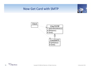 Now"Get"Card"with"SMTP"

Client
ChipTCPIP
+ getAndSendStatus()
# getStatus()
# send()

CardSMTP
# getStatus()
# send()

31"

"Copyright"©"2008"Net"Objec6ves."All"Rights"Reserved.""

"6"November"2013"

 
