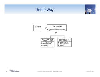 BeSer"Way"

Client

Hardware
+ getAndSendStatus()

ChipTCPIP
# get Stat us()
# send()

32"

CardSMTP
# getStatus()
# send()

"Copyright"©"2008"Net"Objec6ves."All"Rights"Reserved.""

"6"November"2013"

 