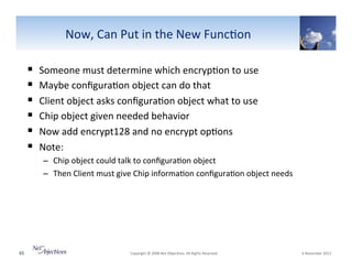 Now,"Can"Put"in"the"New"Func6on"
! 
! 
! 
! 
! 
! 

Someone"must"determine"which"encryp6on"to"use"
Maybe"conﬁgura6on"object"can"do"that""
Client"object"asks"conﬁgura6on"object"what"to"use"
Chip"object"given"needed"behavior""
Now"add"encrypt128"and"no"encrypt"op6ons"
Note:""
–  Chip"object"could"talk"to"conﬁgura6on"object"
–  Then"Client"must"give"Chip"informa6on"conﬁgura6on"object"needs"

"

65"

"Copyright"©"2008"Net"Objec6ves."All"Rights"Reserved.""

"6"November"2013"

 