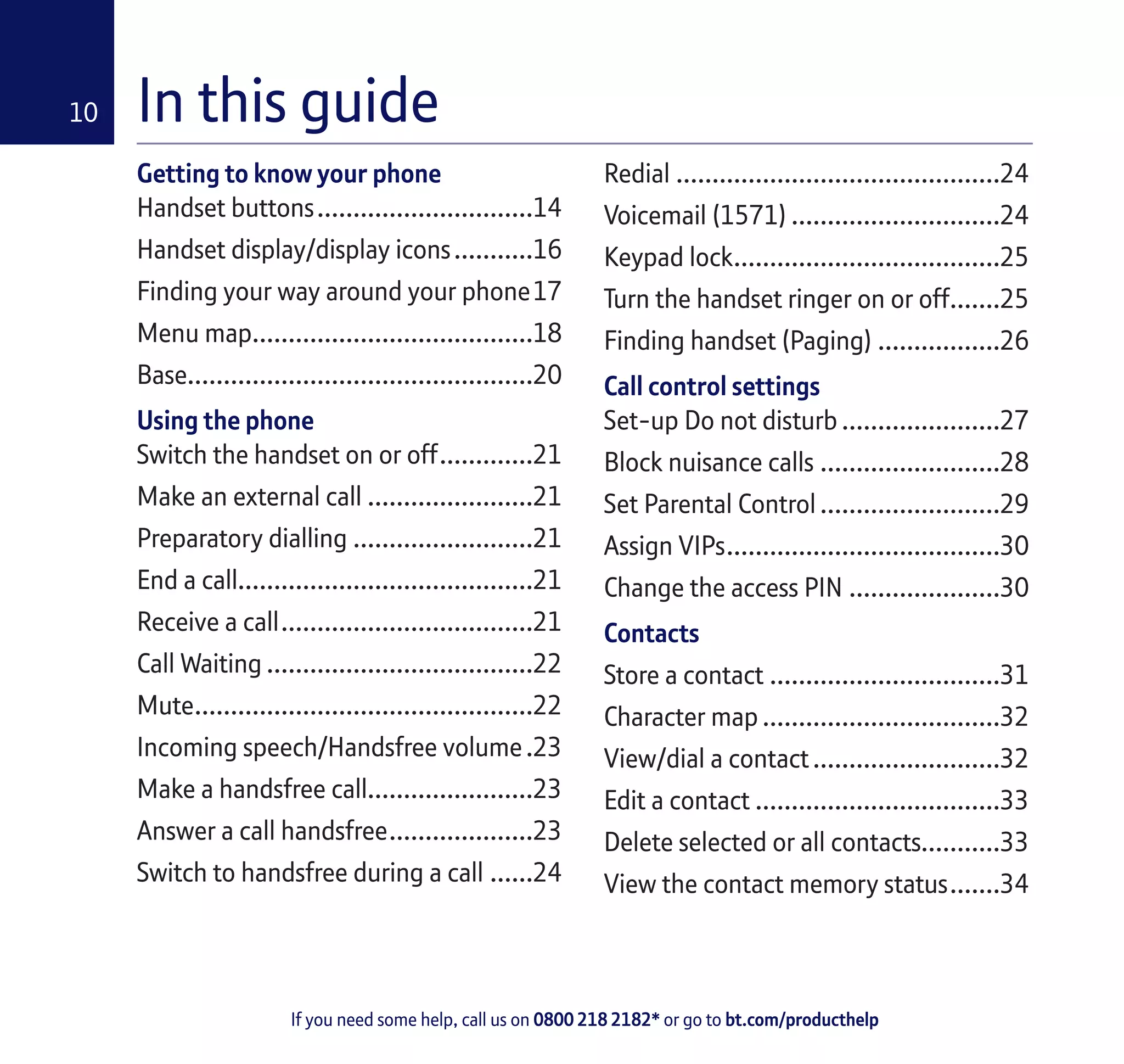 If you need some help, call us on 0800 218 2182* or go to bt.com/producthelp
10 In this guide
Getting to know your phone
Handset buttons...............................14
Handset display/display icons............16
Finding your way around your phone.17
Menu map........................................18
Base.................................................20
Using the phone
Switch the handset on or off..............21
Make an external call........................21
Preparatory dialling..........................21
End a call.........................................21
Receive a call....................................21
Call Waiting......................................22
Mute................................................22
Incoming speech/Handsfree volume..23
Make a handsfree call........................23
Answer a call handsfree.....................23
Switch to handsfree during a call.......24
Redial..............................................24
Voicemail (1571)..............................24
Keypad lock......................................25
Turn the handset ringer on or off........25
Finding handset (Paging)..................26
Call control settings
Set-up Do not disturb.......................27
Block nuisance calls..........................28
Set Parental Control..........................29
Assign VIPs.......................................30
Change the access PIN......................30
Contacts
Store a contact.................................31
Character map..................................32
View/dial a contact...........................32
Edit a contact...................................33
Delete selected or all contacts...........33
View the contact memory status........34
 