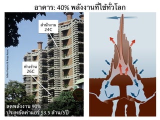 อาคาร:	
  40%	
  พลังงานที่ใช้ทั่วโลก	
  

Mike	
  Pearce	
  &	
  Arup	
  Assoc	
  

สํานักงาน	
24C	
  

ห้างร้าน	
26C	
  

ลดพลังงาน	
  90%	
  
ประหยัดค่าแอร์	
  $3.5	
  ล้าน/5ปี	
  

 