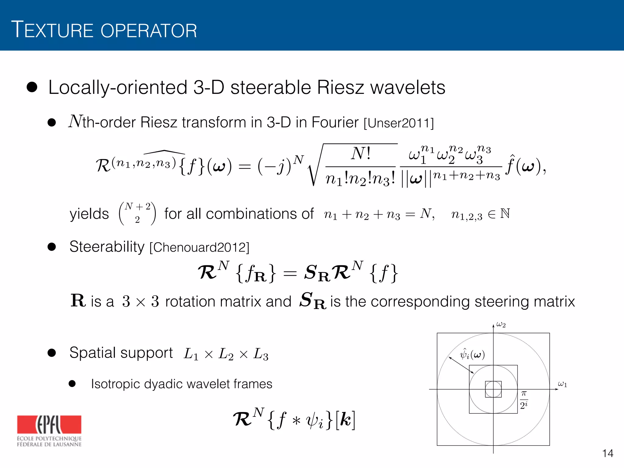 TEXTURE OPERATOR
14
• Locally-oriented 3-D steerable Riesz wavelets
• th-order Riesz transform in 3-D in Fourier [Unser2011] 
 
 
 
 
yields for all combinations of
• Steerability [Chenouard2012] 
 
 
is a rotation matrix and is the corresponding steering matrix 
• Spatial support
• Isotropic dyadic wavelet frames
N
✓
N + 2
2
◆
n1 + n2 + n3 = N, n1,2,3 2 N
RN
{fR} = SRRN
{f}
R 3 ⇥ 3 SR
R(n1,n2,n3){f}(!) = ( j)N
r
N!
n1!n2!n3!
!n1
1 !n2
2 !n3
3
||!||n1+n2+n3
ˆf(!),
of order −1/2 (an isotropic smoothing operator) of f: Rf =
−∇∆−1/2
f. Let’s indeed recall the Fourier-domain deﬁnition of
these operators: ∇
F
←→ jω and ∆−1/2 F
←→ ||ω||−1
. Unlike the
usual gradient ∇, the Riesz transform is self-reversible
R⋆
Rf(ω) =
(jω)∗
(jω)
||ω||2
ˆf(ω) = ˆf(ω).
This allows us to deﬁne a self-invertible wavelet frame of L2(R3
)
(tight frame). We however see that there exists a singularity for the
frequency (0, 0, 0). This issue will be ﬁxed later, thanks to the van-
ishing moments of the primary wavelet transform.
RN
{f ⇤ i}[k]
ˆi(!)
⇡
2i
L1 ⇥ L2 ⇥ L3
 