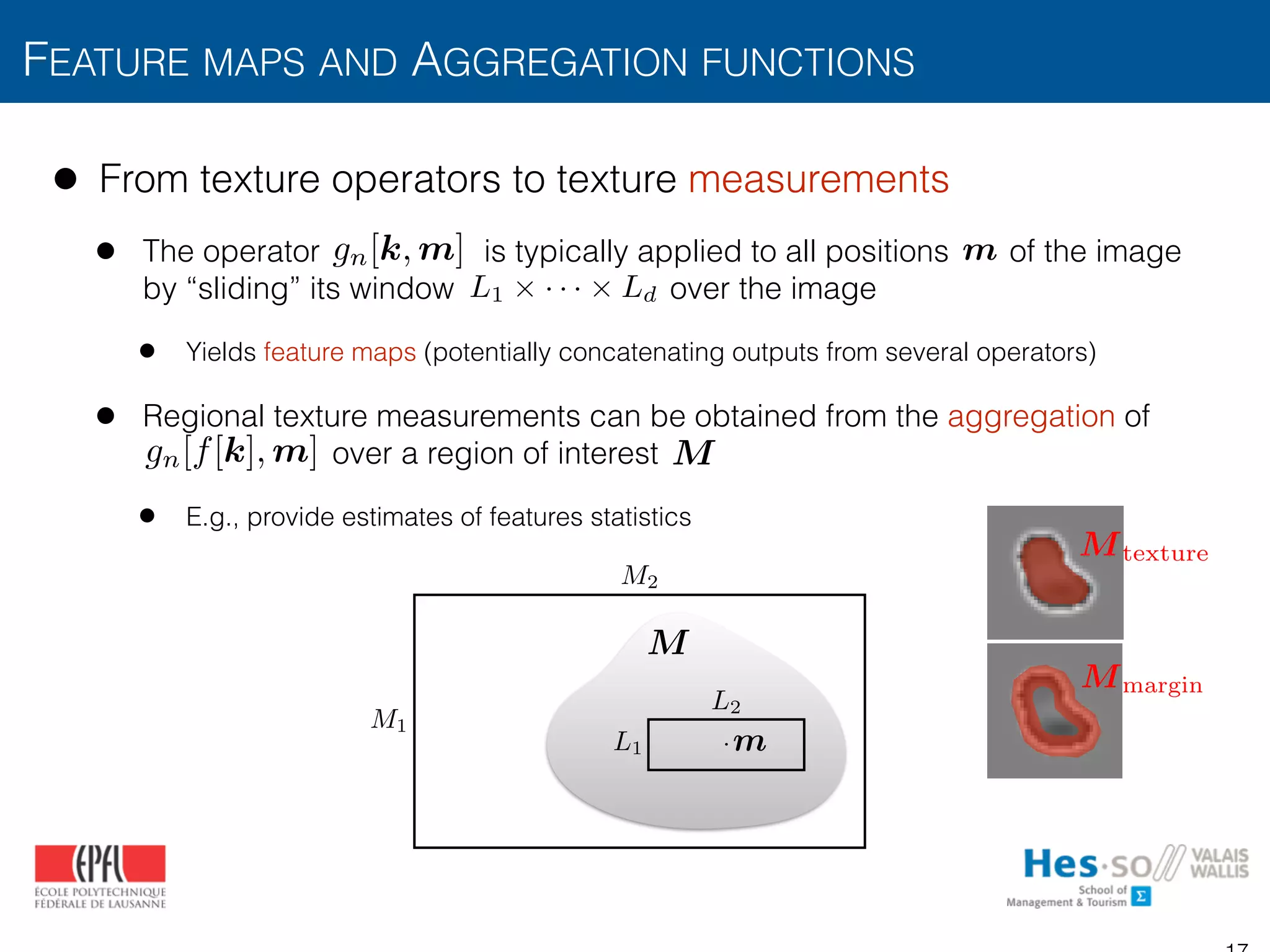 FEATURE MAPS AND AGGREGATION FUNCTIONS
• From texture operators to texture measurements
• The operator is typically applied to all positions of the image
by “sliding” its window over the image
• Yields feature maps (potentially concatenating outputs from several operators)
• Regional texture measurements can be obtained from the aggregation of
over a region of interest
• E.g., provide estimates of features statistics
L1
L2
M1
M2
L1 ⇥ · · · ⇥ Ld
·
m
M
M
m
gn[k, m]
gn[f[k], m]
Mmargin
Mtexture
 