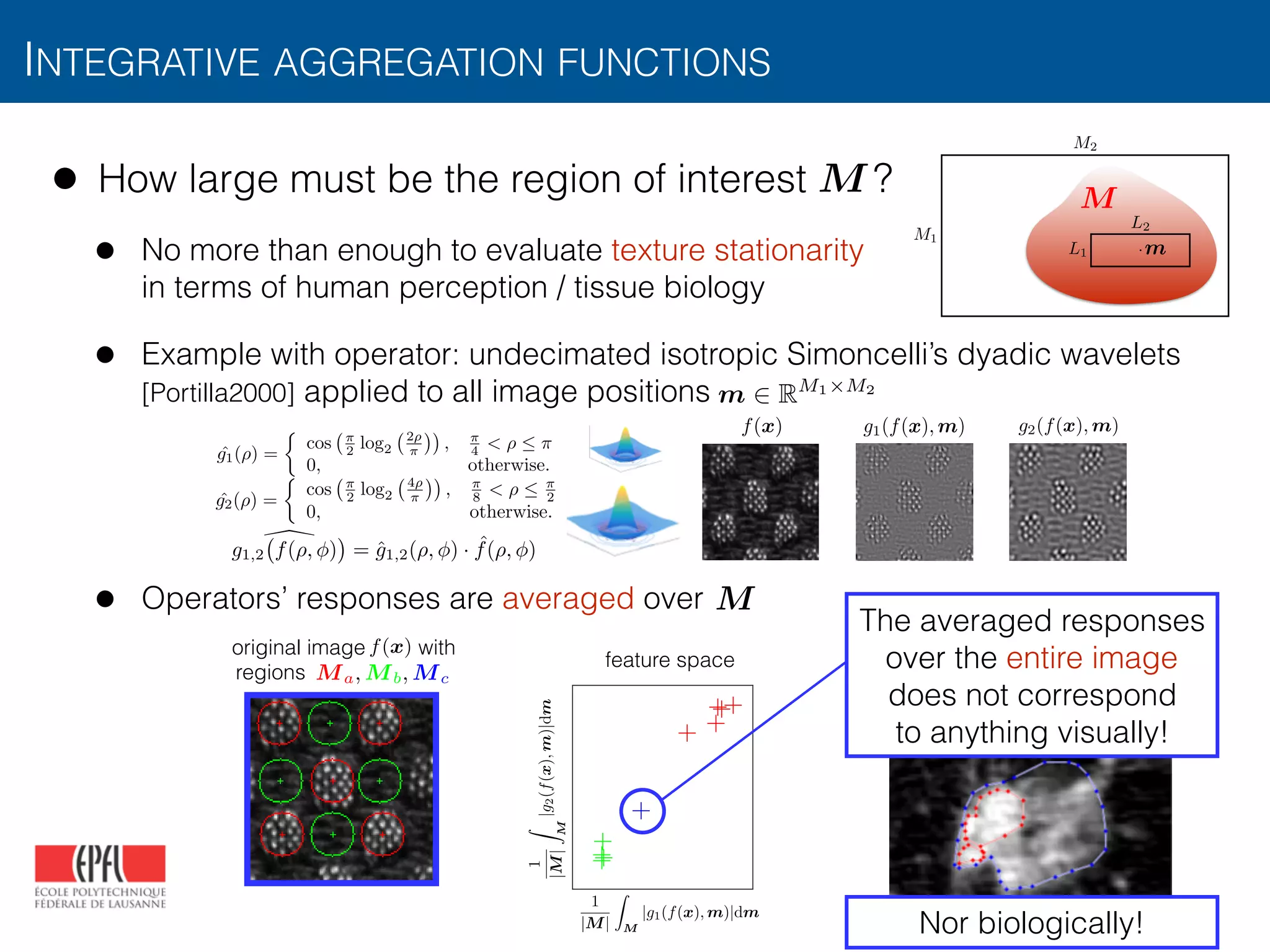 INTEGRATIVE AGGREGATION FUNCTIONS
• How large must be the region of interest ?
• No more than enough to evaluate texture stationarity  
in terms of human perception / tissue biology
• Example with operator: undecimated isotropic Simoncelli’s dyadic wavelets
[Portilla2000] applied to all image positions
• Operators’ responses are averaged over
M
• The operator is typically applied to all position
by “sliding” its window over the image
• Regional texture measurements can be obtained
aggregation of over a region of interest
• For instance, integration can be used to aggregate
• e.g., average:
L1
L2
M1
M2
L1 ⇥ · · · ⇥ Ld
·
gn(x, m)
µ 2 RP
gn(f(x), m) M
m
gn(f(
µ =
0
B
@
µ1
...
µP
1
C
A =
1
|M|
Z
M
gn(f(x), m) p=1,...,P
dm
M
f(x) g1(f(x), m)
m 2 RM1⇥M2
g2(f(x), m)
original image with
regions I
1
|M|
Z
M
|g1(f(x), m)|dm
M
feature space
1
|M|
Z
M
|g2(f(x),m)|dm
f(x)
Ma, Mb, Mc
The averaged responses
over the entire image
does not correspond  
to anything visually!
ˆg1(⇢) =
⇢
cos ⇡
2 log2
2⇢
⇡ , ⇡
4 < ⇢  ⇡
0, otherwise.
ˆg2(⇢) =
⇢
cos ⇡
2 log2
4⇢
⇡ , ⇡
8 < ⇢  ⇡
2
0, otherwise.
g1,2 f(⇢, ) = ˆg1,2(⇢, ) · ˆf(⇢, )
Nor biologically!
 
