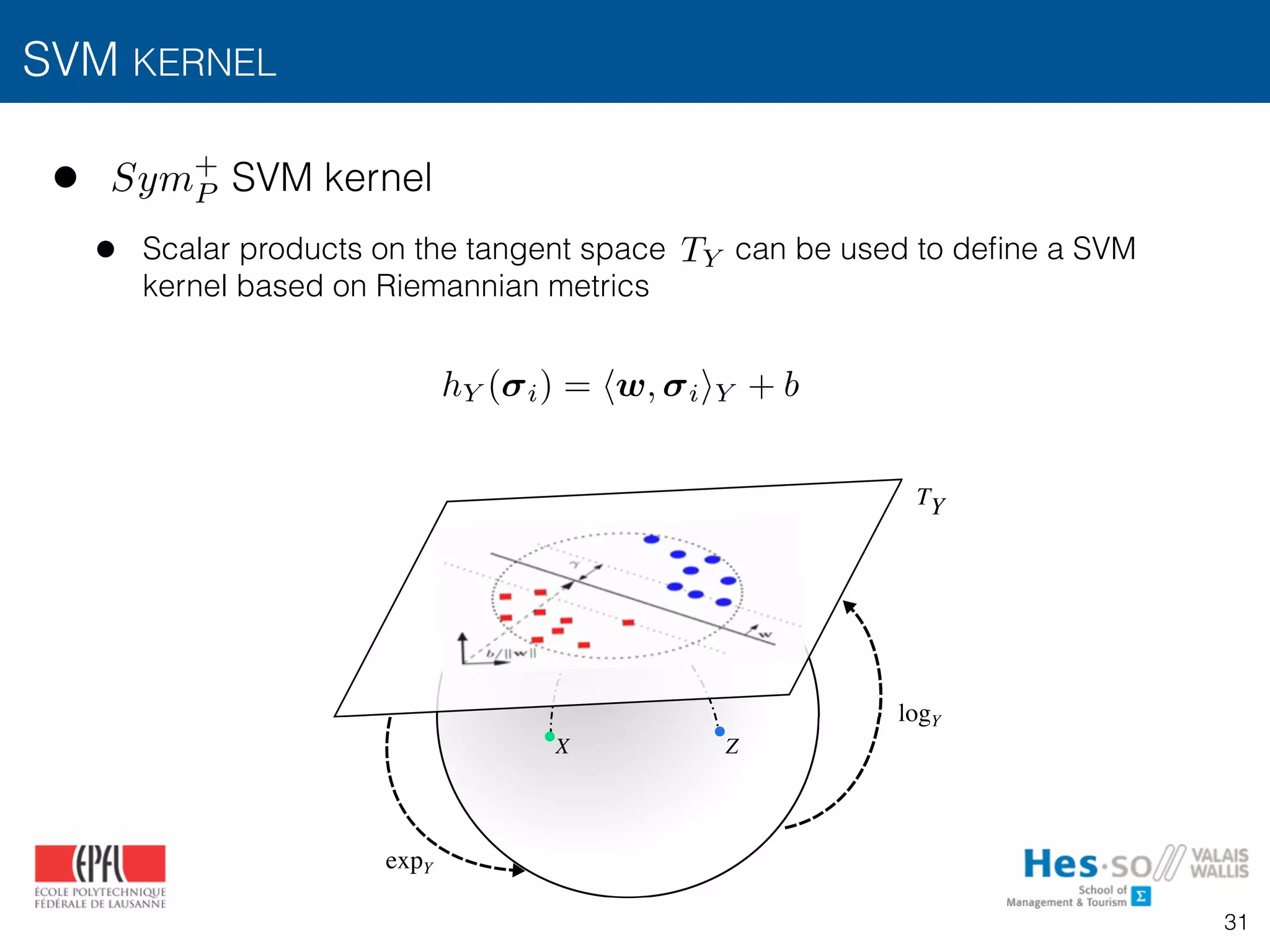 • SVM kernel
• Scalar products on the tangent space can be used to deﬁne a SVM
kernel based on Riemannian metrics
SVM KERNEL
31
Sym+
P
TY
logY
TY
expY
Fig. 3: Mapping of points in a Sym+
manifold to the tangent
Riemannian d
tion demonstr
covariance des
b) the provide
are able to p
and c) this cl
knowledge on
and recurrence
hY ( i) = hw, iiY + b
 