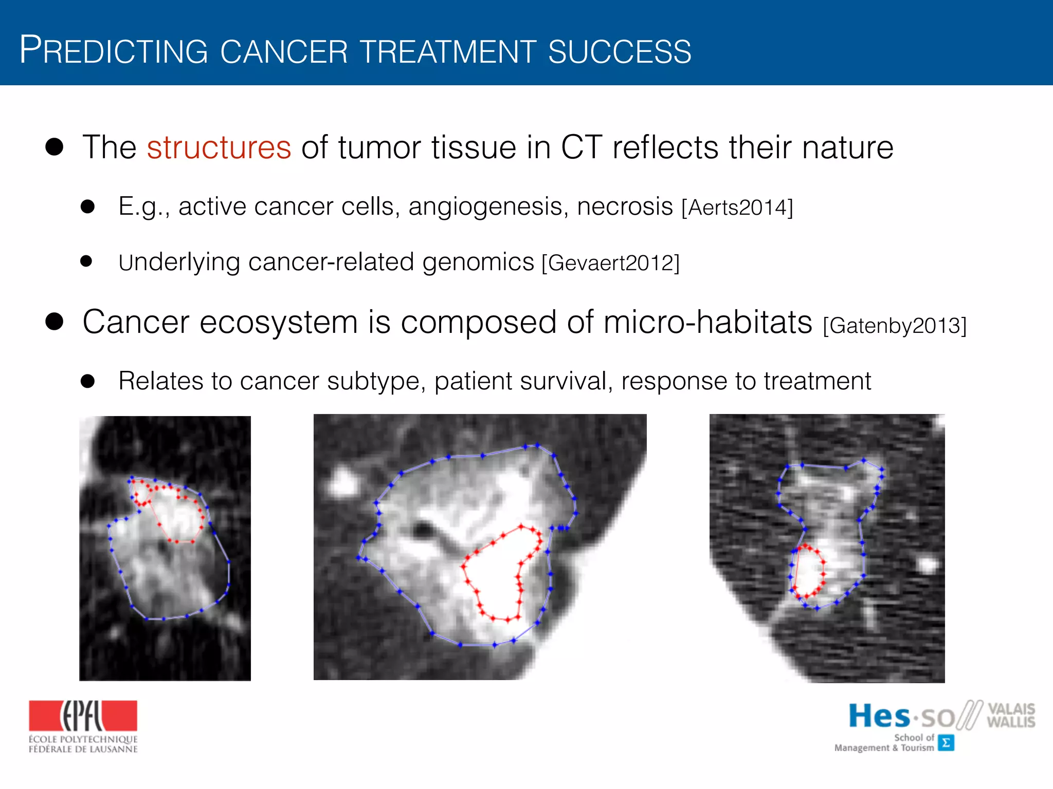 • The structures of tumor tissue in CT reﬂects their nature
• E.g., active cancer cells, angiogenesis, necrosis [Aerts2014]
• Underlying cancer-related genomics [Gevaert2012]
• Cancer ecosystem is composed of micro-habitats [Gatenby2013]
• Relates to cancer subtype, patient survival, response to treatment
PREDICTING CANCER TREATMENT SUCCESS
 
