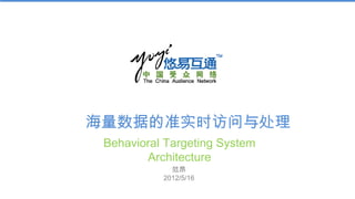 海量数据的准实时访问与处理
 Behavioral Targeting System
        Architecture
             范昂
           2012/5/16
 