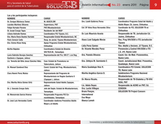 Boletín Informativo                 No. 23 enero 2011           Página             9

Las y los participantes incluyeron:
NOMBRE                                       CARGO                                         NOMBRE                                  CARGO
Dr. Enrique Bibriesca Tamez                  M. ADSCR.DM                                   Dra. Lizeth Gutiérrez Perea             Coordinadora Programa Salud del Adulto y
Lourdes Martinez Olivares                    Supervisora, PNT                                                                      Adulto Mayor. Cd. Juarez, Chihuahua
Felipe Hurtado Páramo                        PNT/Micobacteriosis                           Enf. SP Alma Rosa Hernandez Silva       Coordinador de PCI, SOLUCION TB en
Dr. Israel Crespo Tapia                      Residente 3er del INSP                                                                Chihuahua
Liliana Andrade Ramos                        Coordinadora PCI Tijuana, B.C.                Dr. Luis Mauricio Acosta                Responsable de TB, Jurisdicción Cd.
Dra. Maria Elena Dueñez Hurtado              Responsable Estatal Micobacteriosis, BC                                               Juárez, Chihuahua
Paris Cerecer Callú                          Resp. de Jurisd, Tijuana Micobacteriosis      Iliana Lizet Salgado Morán              Res. Prog VIH/SIDA e ITS Jurisdicción
Dra. Emma Rivas Hong                         Apoyo Programa Estatal Micobacteriosis,                                               Tijuana
                                             Chihuahua                                     Lidia Perez Gamez                       Res. Adulto y Anciano. J2 Tijuana, B.C.
Bertha Nápoles                               Coordinadora Estatal de Binomio               Dr. Vicente Morales Perez               Prevención y Control VIH/SIDA e ITS
                                             VIH/TB/D.M., Tamaulipas                                                               J.S. #4. Nuevo León
Lucia Gabriela Barajas Sanchez               Representación del Pro. VIH IT´s en Reg.      Dra. Pamela Olivares                    Coord. Est. De Med. Preveventiva,
Sanitaria x Zapopan, Jalisco                                                                                                       Nuevo León.
Lic. Teresita del Niño Jesus Sánchez Hdez.   Coor. Estatal de Promotores en                Dra. Zéhlyca M. Sarmiento C             Coord. Jurisdiccional Med. Preventiva,
                                             Tuberculosis, Jalisco                                                                 Guadalupe, Nuevo León
Dr. Manuel Sandoval Diaz                     Coord. Estatal del Prog. Micobacteriosis,     Maria Guadalupe Ríos R.                 Coordinadora PCI Estatal, SOLUCION
                                             Jalisco                                                                               TB, Nuevo León
Clara Noemi Perez Muñoz                      Representante del Programa de                 Martha Angélica García D.               Subdirectora Programa Nacional
                                             Micobacteriosis en Región Sanitaria X                                                 Micobacteriosis
                                             (Zapopan ), Jalisco                           Dr. Marco Ricaño,                       Responsable de TB-Diabetes y TB-VIH/
Dra. Martha Alicia Gómez Ortiz               Representante Salud Adulto Zapopan,                                                   SIDA, PNT
                                             Jalisco                                       Lic. Adela Reyes                        Responsable de ACMS en PNT, Cd.
Dr. J. Gonzalo Crespo Solís                  Jefe del Depto. Estatal de Micobacteriosis,   Dra. Lucila Villegas                    CENSIDA
                                             Tamaulipas                                    Bruno Ponçon,                           SOLUCION TB Project Concern
Dr. Moncerrato Garcia Viveros                Responsable Programa PCI Co-                  International
                                             morbilidades, Tamaulipas                      Eva Moya
Dr. José Luis Hernandez Cantú                Coordinador medicina Preventiva Adulto        Blanca Lomeli
                                             Mayor y el Adulto




www.soluciontb.org                                                                                  Innovemos y aceleremos esfuerzos contra la tuberculosis
 