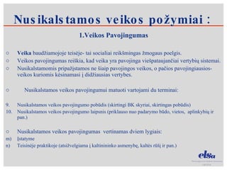 1.Veikos Pavojingumas Veika  baudžiamojoje teisėje- tai socialiai reikšmingas žmogaus poelgis. Veikos pavojingumas reiškia, kad veika yra pavojinga viešpataujančiai vertybių sistemai. Nusikalstamomis pripažįstamos ne šiaip pavojingos veikos, o pačios pavojingiausios- veikos kuriomis kėsinamasi į didžiausias vertybes. Nusikalstamos veikos pavojingumui matuoti vartojami du terminai: Nusikalstamos veikos pavojingumo pobūdis (skirtingi BK skyriai, skirtingas pobūdis) Nusikalstamos veikos pavojingumo laipsnis (priklauso nuo padarymo būdo, vietos,  aplinkybių ir pan.) Nusikalstamos veikos pavojingumas  vertinamas dviem lygiais: Įstatyme Teisinėje praktikoje (atsižvelgiama į kaltinininko asmenybę, kaltės rūšį ir pan.) Nusikalstamos veikos požymiai : 