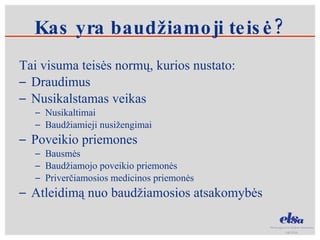 Kas yra baudžiamoji teisė? Tai visuma teisės normų, kurios nustato: Draudimus Nusikalstamas veikas  Nusikaltimai Baudžiamieji nusižengimai Poveikio priemones  Bausmės Baudžiamojo poveikio priemonės Priverčiamosios medicinos priemonės Atleidimą nuo baudžiamosios atsakomybės 