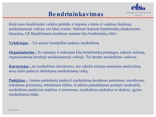 Kiekvieno bendrininko veiklos pobūdis ir laipsnis o kartu ir vaidmuo bendroje n usikalstamoje veikoje  yra labai įvairūs.  Siekiant i šspręsti bendrininkų atsakomybės klausimą, LR Baudžiamasis kodeksas numato šias bendrininkų rūšis: Vykdytojas .  - Tai asmuo betarpiškai padaręs nusikaltimą Organizatorius  -  Jis sujungia ir nukreipia kitų bendrininkų pastangas, sukuria sistemą, organizuotumą bendroje nusikalstamoje veikoje. Tai bendro nusikaltimo vadovas. Kurstytojas  -  tai nusikaltimo iniciatorius, nes sukelia kitiems asmenims pasiryžimą, norą siekti padaryti atitinkamą nusikalstamą veiką. Padėjėjas  -  Asmuo padedantis padaryti nusikaltimą duodamas patarimus, nurodymus, teikdamas priemonių, šalindamas kliūtis, iš anksto pažadėdamas paslėpti nusikaltėlį, nusikaltimo padarymo įrankius ir priemones, nusikaltimo pėdsakus ar daiktus, įgytus nusikalstamu būdu. Bendrininkavimas 