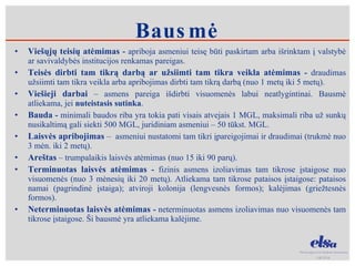 Viešųjų teisių atėmimas  -  apriboja asmeniui teisę būti paskirtam arba išrinktam į valstybė ar savivaldybės institucijos renkamas pareigas.  Teisės dirbti tam tikrą darbą ar užsiimti tam tikra veikla atėmimas  -  draudimas užsiimti tam tikra veikla arba apribojimas dirbti tam tikrą darbą (nuo 1 metų iki 5 metų). Viešieji darbai   – asmens pareiga išdirbti visuomenės labui neatlygintinai. Bausmė atliekama, jei  nuteistasis sutinka . Bauda  -  minimali baudos riba yra tokia pati visais atvejais 1 MGL, maksimali riba už sunkų nusikaltimą gali siekti 500 MGL, juridiniam asmeniui – 50 tūkst. MGL. Laisvės apribojimas  –  asmeniui nustatomi tam tikri įpareigojimai ir draudimai (trukmė nuo 3 mėn. iki 2 metų). Areštas   – trumpalaikis laisvės atėmimas (nuo 15 iki 90 parų). Terminuotas laisvės atėmimas  -  fizinis asmens izoliavimas tam tikrose įstaigose nuo visuomenės (nuo 3 mėnesių iki 20 metų). Atliekama tam tikrose pataisos įstaigose: pataisos namai (pagrindinė įstaiga); atviroji kolonija (lengvesnės formos); kalėjimas (griežtesnės formos).  Neterminuotas laisvės atėmimas  -  neterminuotas asmens izoliavimas nuo visuomenės tam tikrose įstaigose. Ši bausmė yra atliekama kalėjime.  Bausmė 