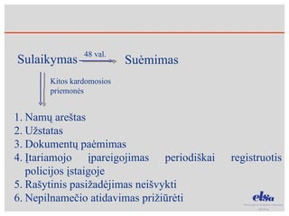 Sulaikymas  48 val. Suėmimas Kitos kardomosios priemonės Namų areštas Užstatas Dokumentų paėmimas Įtariamojo įpareigojimas periodiškai registruotis policijos įstaigoje Rašytinis pasižadėjimas neišvykti Nepilnamečio atidavimas prižiūrėti 