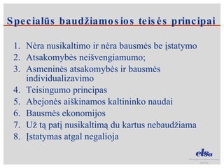 Specialūs baudžiamosios teisės principai Nėra nusikaltimo ir nėra bausmės be įstatymo  Atsakomybės neišvengiamumo;  Asmeninės atsakomybės ir bausmės individualizavimo  Teisingumo   principas  Abejonės aiškinamos kaltininko naudai Bausmės ekonomijos  U ž  tą   patį  nusikaltimą du  kartus  nebaudžiama  Įstatymas   atgal   negalioja   