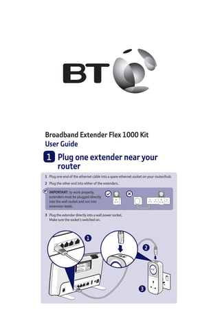 Broadband Extender Flex 1000 Kit
User Guide
	1	Plug one extender near your
router
1	 Plug one end of the ethernet cable into a spare ethernet socket on your router/hub.
2	 Plug the other end into either of the extenders.
IMPORTANT: to work properly,	
extenders must be plugged directly	
into the wall socket and not into	
extension leads.
3	 Plug the extender directly into a wall power socket.	
Make sure the socket’s switched on.
2
1
3
 