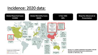 Incidence: 2020 data:
Global Reported Cases
115494
Global Mortality Cases
84695
5-Year OAS
20%
Majority Advanced at
Presentation
Banales et al. EXPERT CONSENSUS DOCUMENT. NATURE
REVIEWS, GASTROENTEROLOGY & HEPATOLOGY.
VOLUME 13. MAY 2016, 261.
 