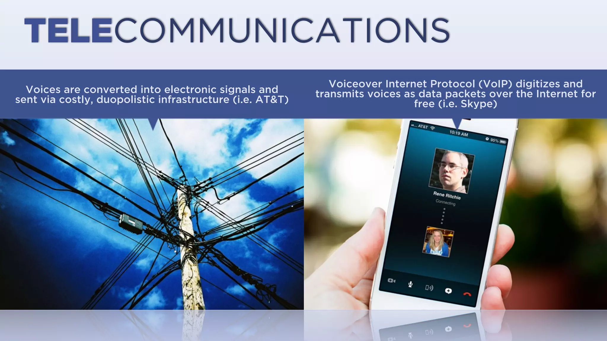 TELECOMMUNICATIONS
Packet-switching networks like the Internet, digitize and
transmit voices via real-time data packets over protocols like
the Voice over Internet Protocol (VoIP), for free (e.g., Skype).
Circuit-switching telephone networks convert voices into
electronic signals and transmit them over costly,
duopolistic infrastructure (e.g., AT&T).
 