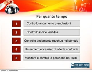 Per	
  quanto	
  tempo
1

Controllo andamento prenotazioni

2

Controllo indice visibilità

3

Controllo andamento revenue nel periodo

4

Un numero eccessivo di offerte confonde

5

Monitoro e cambio la posizione nei listini

venerdì 15 novembre 13

 