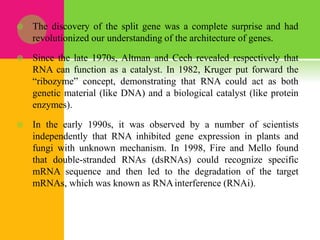  The discovery of the split gene was a complete surprise and had
revolutionized our understanding of the architecture of genes.
 Since the late 1970s, Altman and Cech revealed respectively that
RNA can function as a catalyst. In 1982, Kruger put forward the
“ribozyme” concept, demonstrating that RNA could act as both
genetic material (like DNA) and a biological catalyst (like protein
enzymes).
 In the early 1990s, it was observed by a number of scientists
independently that RNA inhibited gene expression in plants and
fungi with unknown mechanism. In 1998, Fire and Mello found
that double-stranded RNAs (dsRNAs) could recognize specific
mRNA sequence and then led to the degradation of the target
mRNAs, which was known as RNAinterference (RNAi).
 
