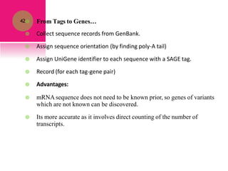 42 From Tags to Genes…
 Collect sequence records from GenBank.
 Assign sequence orientation (by finding poly-A tail)
 Assign UniGene identifier to each sequence with a SAGE tag.
 Record (for each tag-gene pair)
 Advantages:
 mRNA sequence does not need to be known prior, so genes of variants
which are not known can be discovered.
 Its more accurate as it involves direct counting of the number of
transcripts.
 