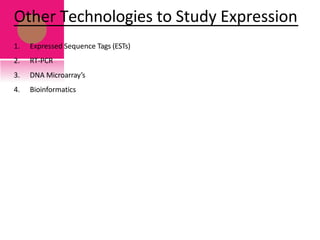 Other Technologies to Study Expression
1. Expressed Sequence Tags (ESTs)
2. RT-PCR
3. DNA Microarray’s
4. Bioinformatics
 
