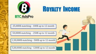 ROYALTY INCOME
25,000$ matching - 100$ up to 12 month
50,000$ matching - 250$ up to 12 month
1,50,000$ matching - 500$ up to 12 month
5,00,000$ matching - 1200$ up to 12 month
 