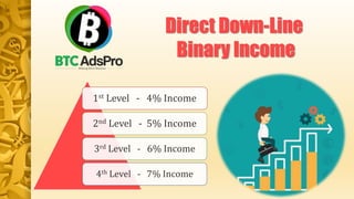 1st Level - 4% Income
2nd Level - 5% Income
3rd Level - 6% Income
4th Level - 7% Income
Direct Down-Line
Binary Income
 