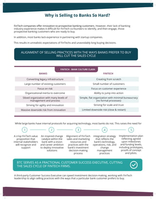 Why is Selling to Banks So Hard?
FinTech companies offer innovation to prospective banking customers. However, their lack of banking
industry experience makes it difficult for FinTech co-founders to identify, and then engage, those
prospective banking customers who are ready to buy.
This results in unrealistic expectations of FinTechs and unavoidably long buying decisions.
In addition, most banks lack experience in partnering with startup companies.
Funding
Organization
ALIGNMENT OF SELLING PRACTICES WITH THE WAYS BANKS PREFER TO BUY
WILL CUT THE SALES CYCLE
FINTECH - BANK CULTURE CLASH
BANKS FINTECH
Converting legacy infrastructure
Large number of existing customers
Focus on risk
Organizational inertia to overcome
Siloed organization with many levels of
management and process
Striving for agility and innovation
Massive downside risk from innovation
Creating from scratch
Small number of customers
Focus on customer experience
Ability to jump into action
Simple, flat organization with minimal bureaucracy
(no formal processes)
Striving for scale and trust
Limited downside risk (close & restart)
While large banks have internal protocols for acquiring technology, most banks do not. This raises the need for
Alignment of FinTech
sales and marketing
resources and
practices with the
bank’s investment
decision-making
process
An inspired change
catalyst within the
bank with a vision
and career ambition
to deploy innovative
solutions
A crisp FinTech value
proposition that
internal stakeholders
will recognize and
support
Integration strategy
that reflects the
bank’s technology,
operations, risk, and
change
management
practices
Implementation plan
reflecting agreed
upon milestones
and funding levels,
including prototypes,
proofs of concept
and pilots.
A third-party Customer Success Executive can speed investment decision-making, working with FinTech
leadership to align selling practices with the ways that a particular bank customer prefers to buy.
BTC SERVES AS A FRACTIONAL CUSTOMER SUCCESS EXECUTIVE, CUTTING
THE SALES CYCLE OF FINTECH FIRMS.
 