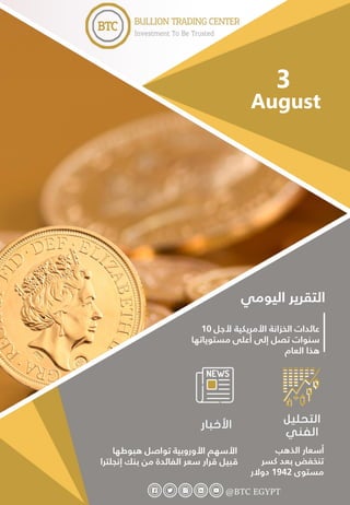 News
European shares soar, but caution
prevails
Gold still in sideways,
moves within narrow
range
Dollar extends losses, US
data eyed
2
September
3
August
‫ألجل‬ ‫األمريكية‬ ‫الخزانة‬ ‫عائدات‬
10
‫مستوياتها‬ ‫أعلى‬ ‫إلى‬ ‫تصل‬ ‫سنوات‬
‫العام‬ ‫هذا‬
‫اليومي‬ ‫التقرير‬
‫الذهب‬ ‫أسعار‬
‫كسر‬ ‫بعد‬ ‫تنخفض‬
‫مستوى‬
1942
‫دوالر‬
‫هبوطها‬ ‫تواصل‬ ‫األوروبية‬ ‫األسهم‬
‫إنجلتر‬ ‫بنك‬ ‫من‬ ‫الفائدة‬ ‫سعر‬ ‫قرار‬ ‫قبيل‬
‫ا‬
 