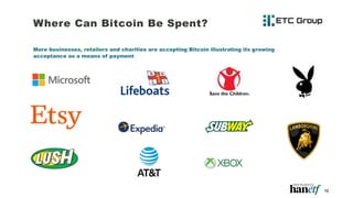 Where Can Bitcoin Be Spent?
More businesses, retailers and charities are accepting Bitcoin illustrating its growing
acceptance as a means of payment
12
 
