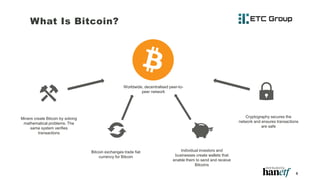 5
Worldwide, decentralised peer-to-
peer network
Miners create Bitcoin by solving
mathematical problems. The
same system verifies
transactions
Bitcoin exchanges trade fiat
currency for Bitcoin
Individual investors and
businesses create wallets that
enable them to send and receive
Bitcoins
Cryptography secures the
network and ensures transactions
are safe
What Is Bitcoin?
 